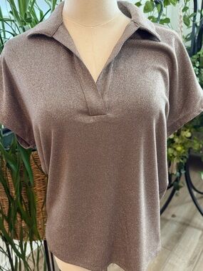 Simply Vera Vera Wang Metallic Brown Collared Short Sleeve Tee